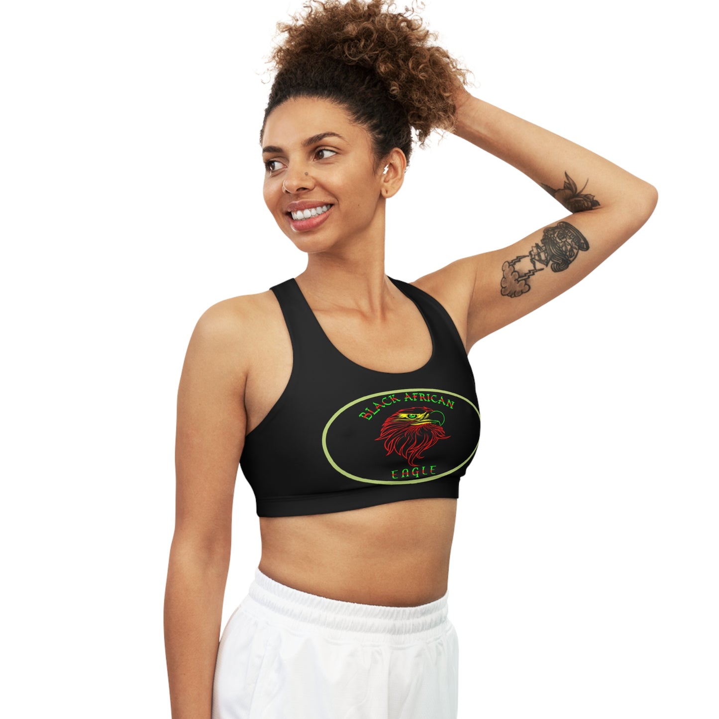 Black African Eagle Seamless Sports Bra (AOP)