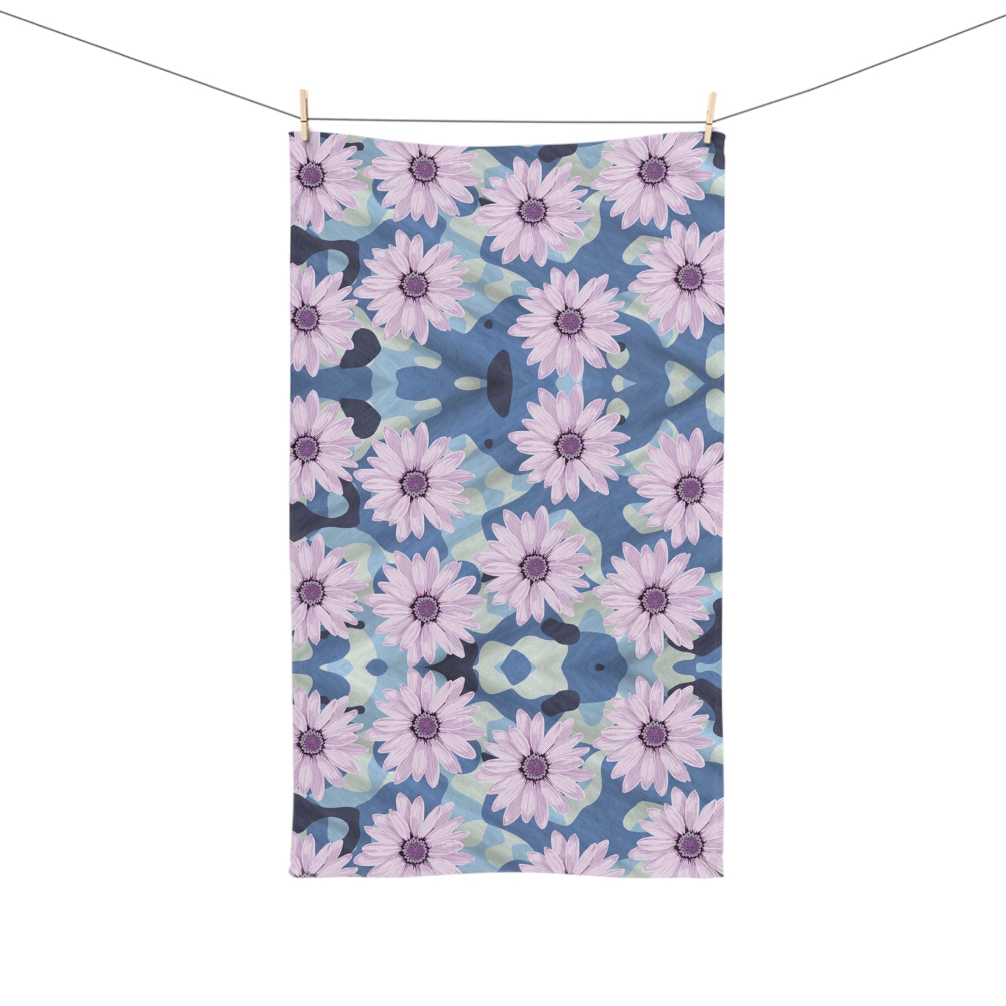 BLUE CAMO W Purple Flowers Hand Towel