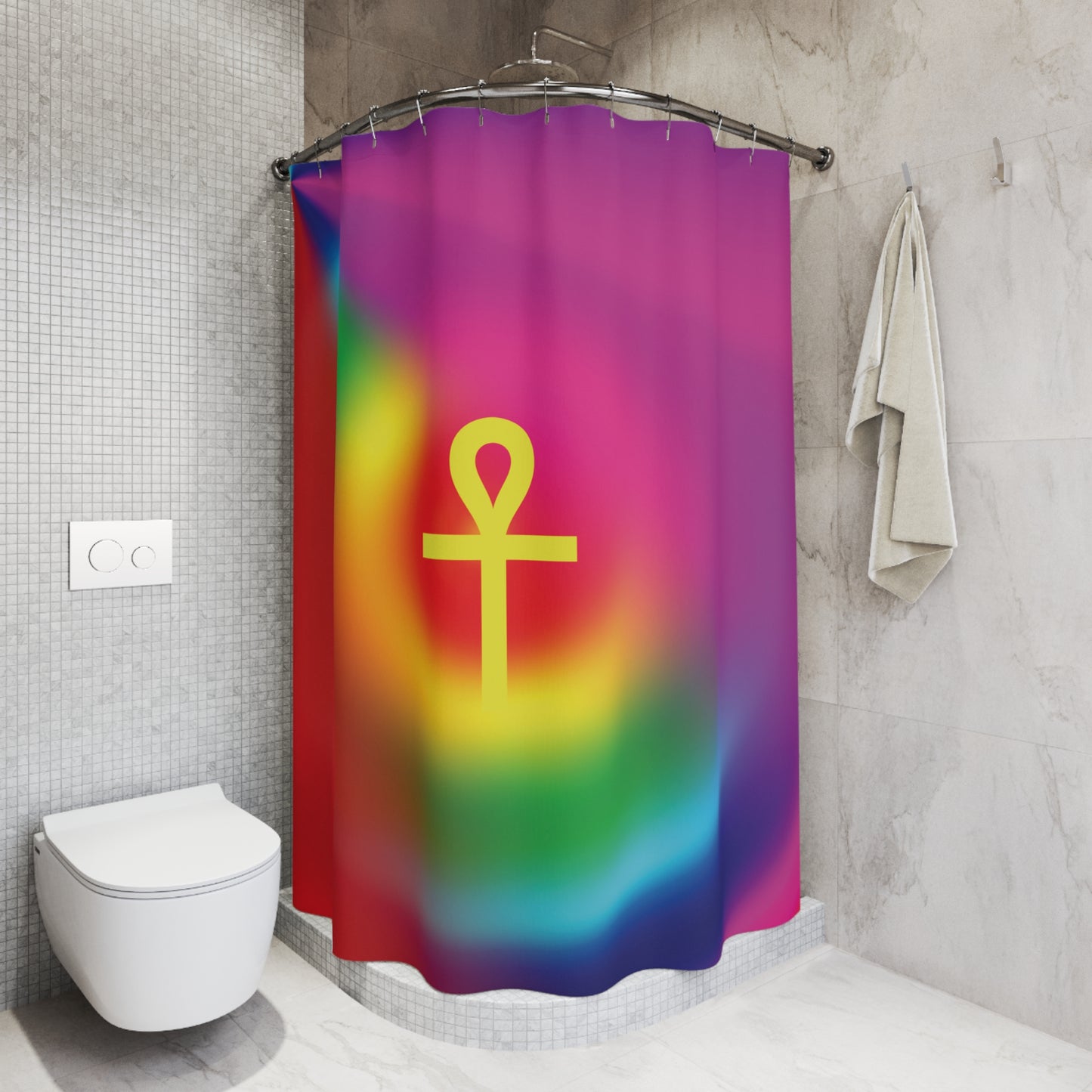 Gold Ankh in Rainbow Polyester Shower Curtain