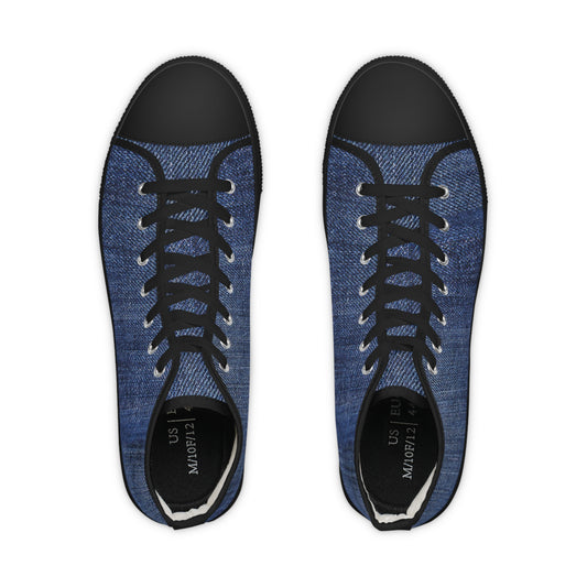 Blue Denim Style Men's High Top Sneakers