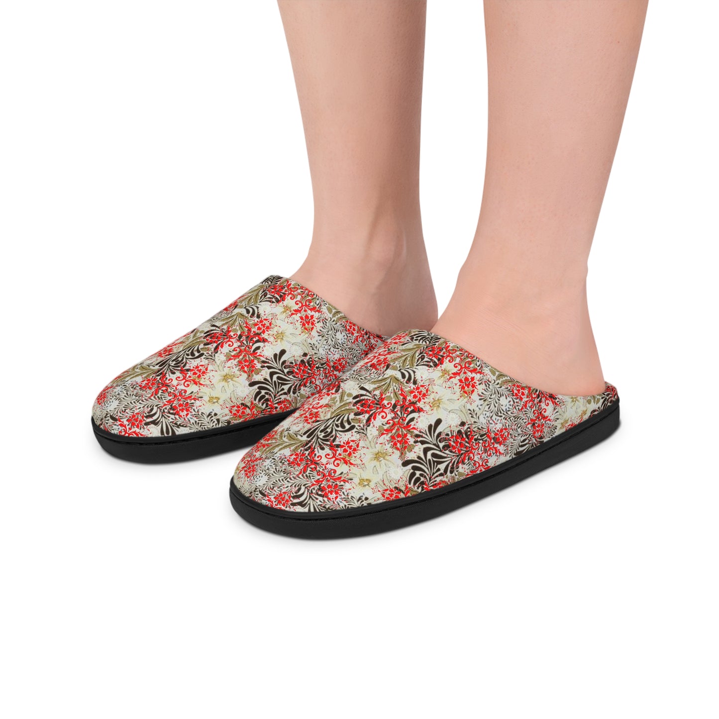 Black Tan Leaves with Red Women's Indoor Slippers