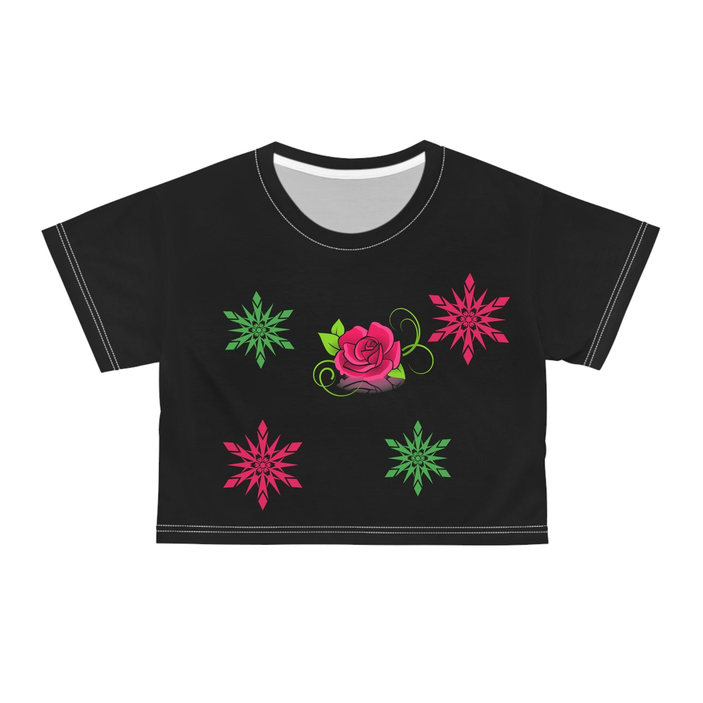 Pink Flowers On Black Crop Tee