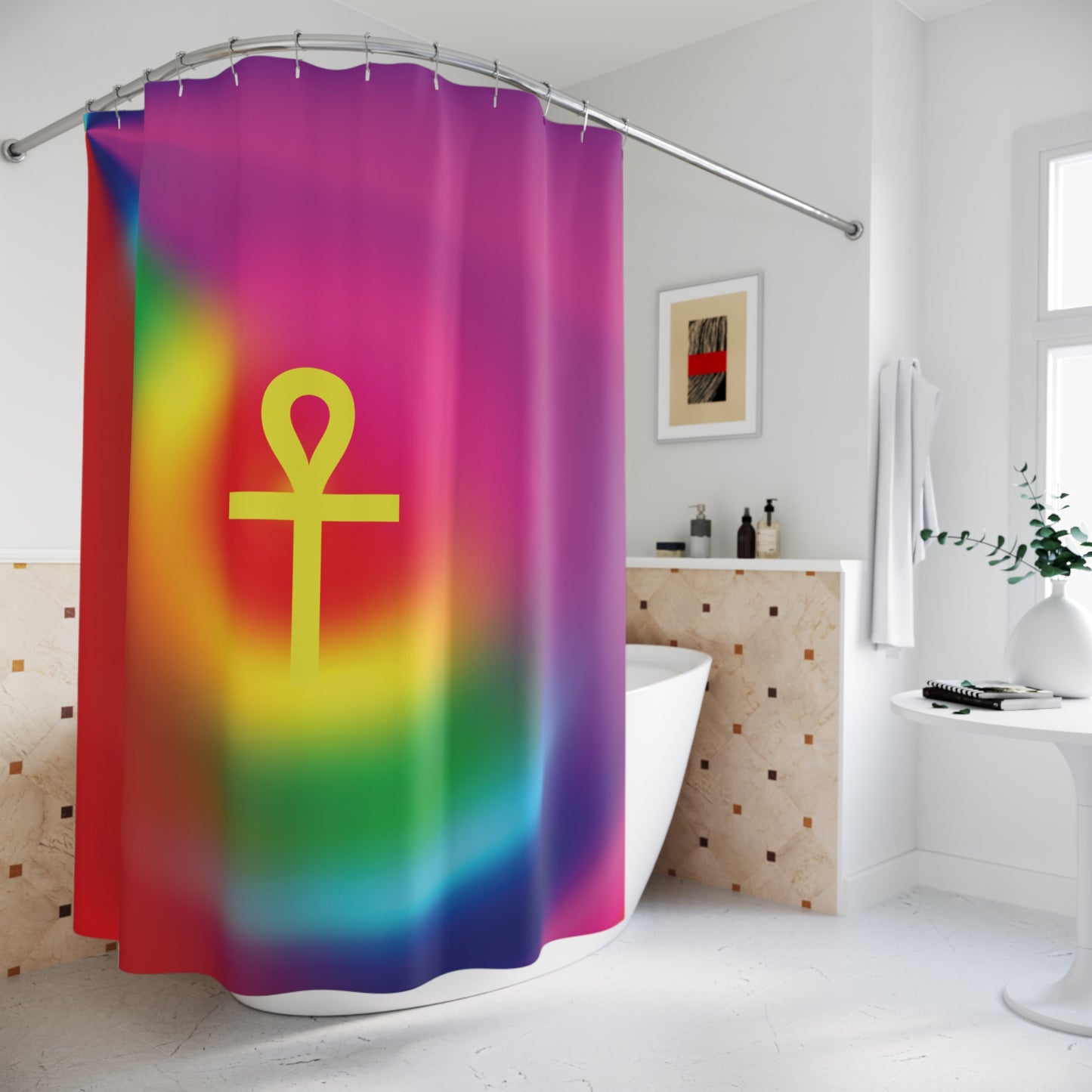 Gold Ankh in Rainbow Polyester Shower Curtain