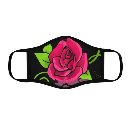 Pink Flower on Black Fitted Polyester Face Mask