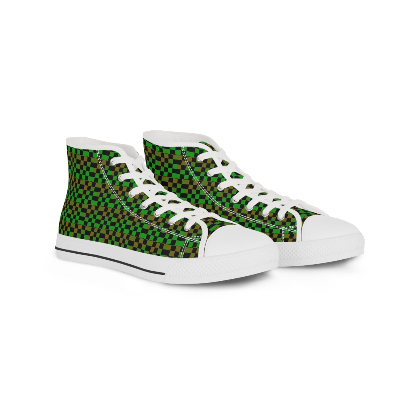 Green, Gold and Black Checkered Men's High Top Sneakers