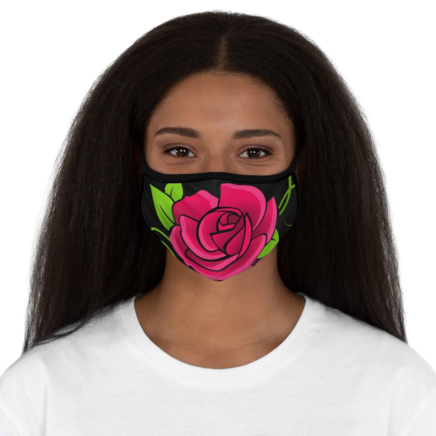 Pink Flower on Black Fitted Polyester Face Mask