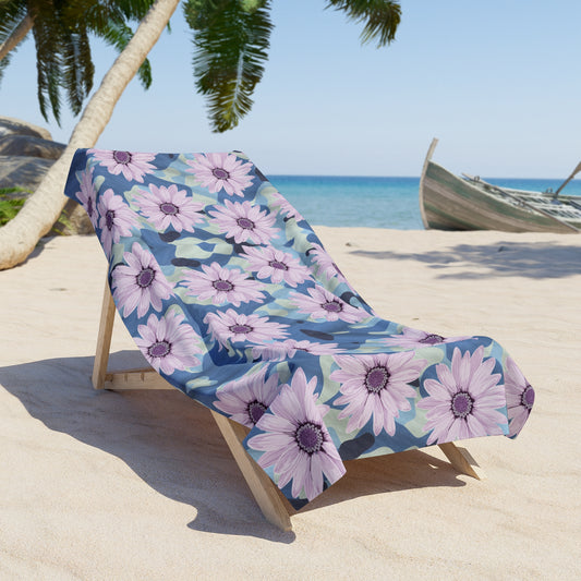 BLUE CAMO W Purple Flowers  Beach Towel