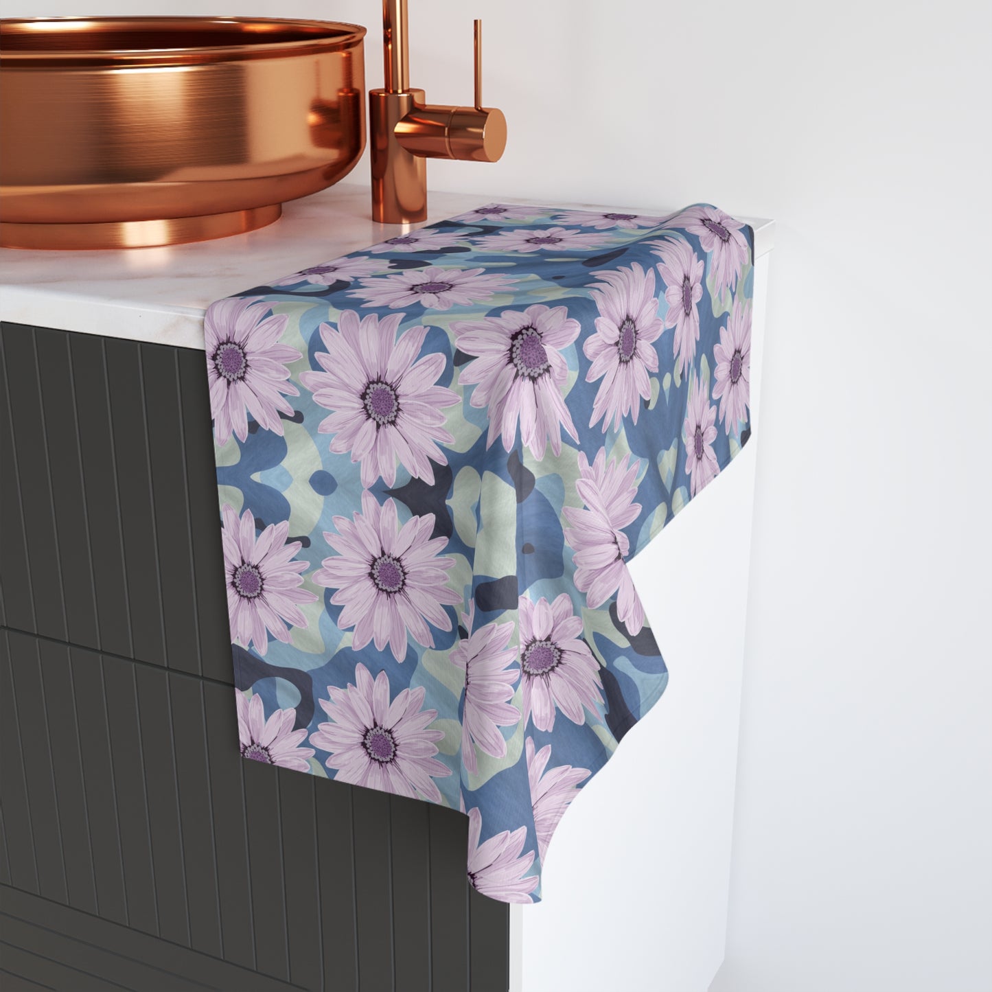 BLUE CAMO W Purple Flowers Hand Towel