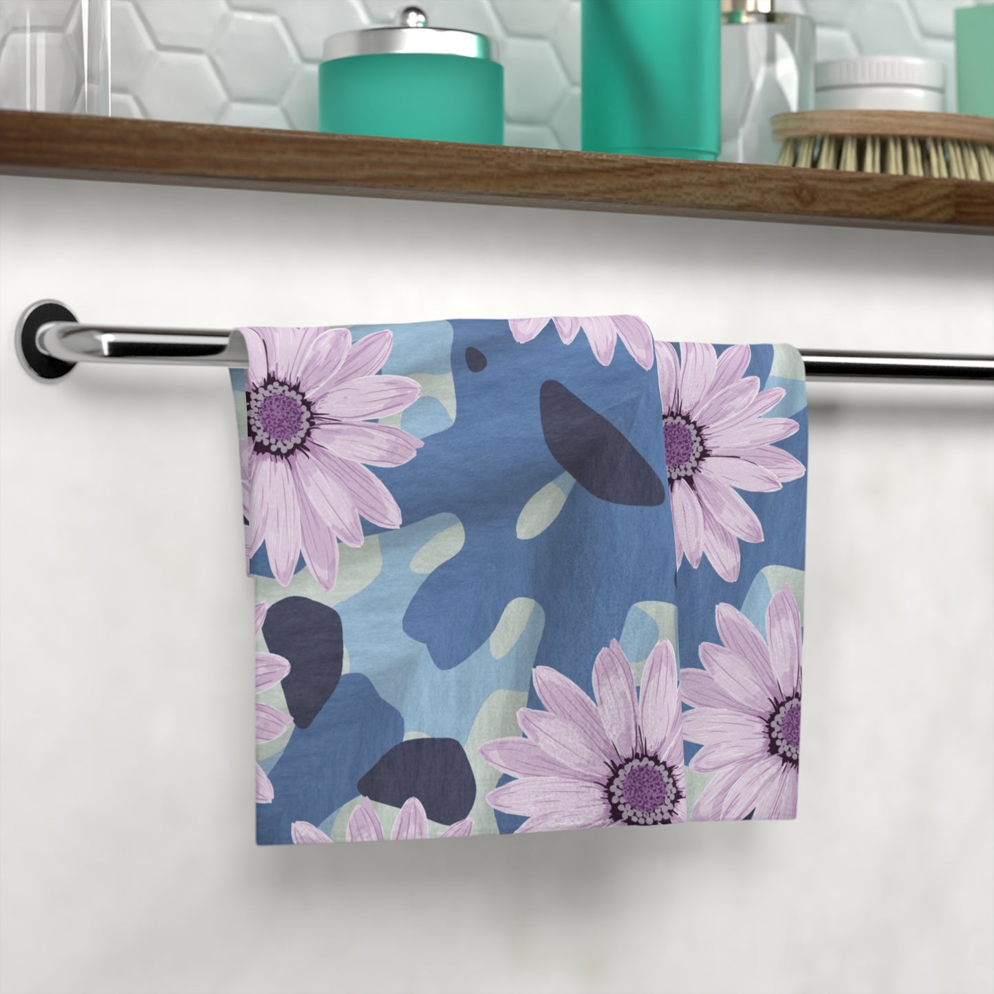 BLUE CAMO W Purple Flowers  Face Towel