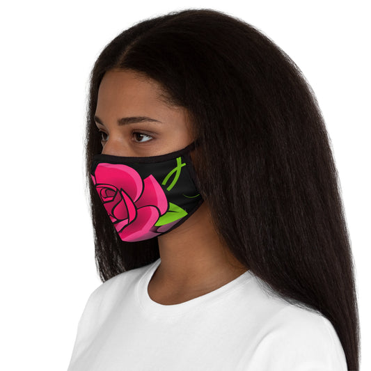 Pink Flower on Black Fitted Polyester Face Mask