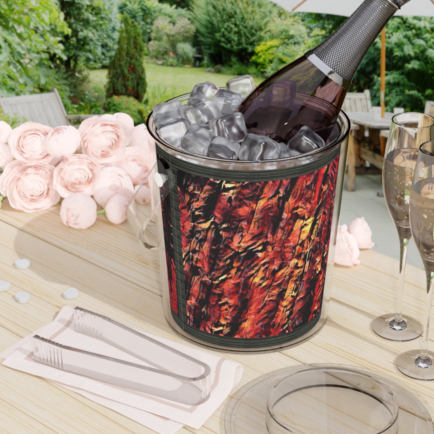 Red Wood Ice Bucket with Tongs