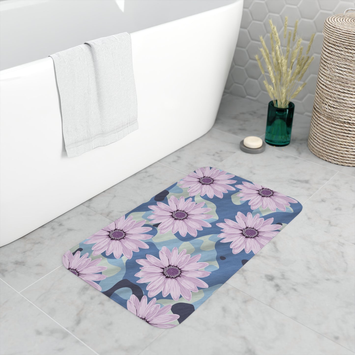 BLUE CAMO W Purple Flowers Memory Foam Bath Mat