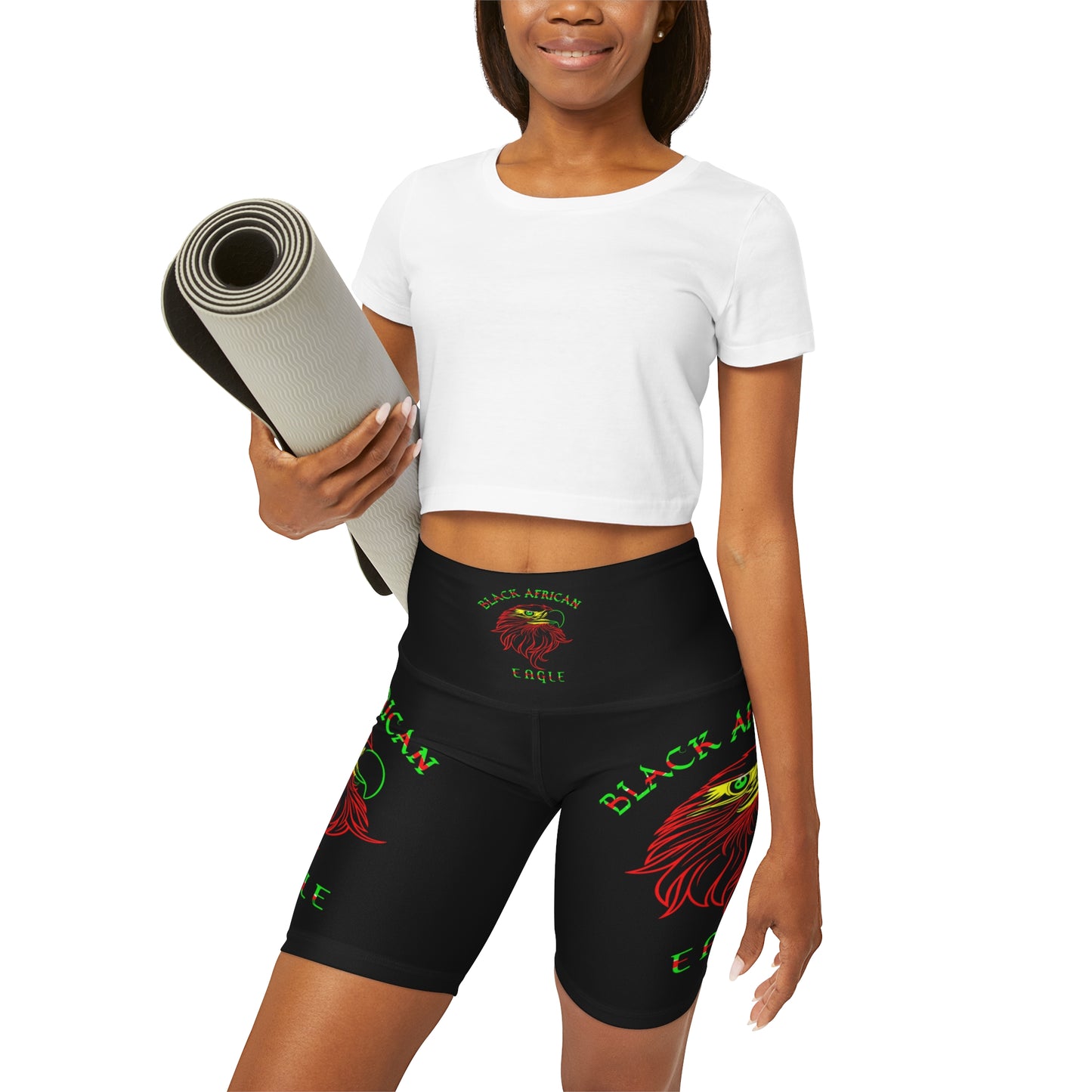 Black African Eagle High Waisted Yoga Shorts (AOP)