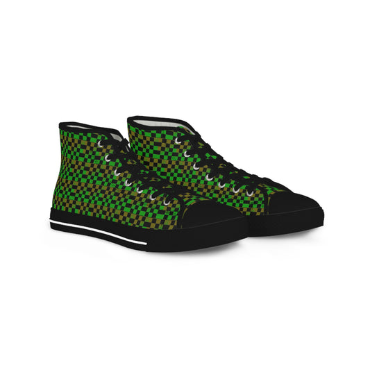 Green, Gold and Black Checkered Men's High Top Sneakers