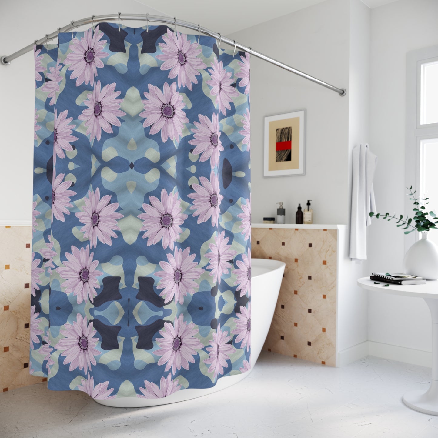 BLUE CAMO W Purple Flowers Polyester Shower Curtain