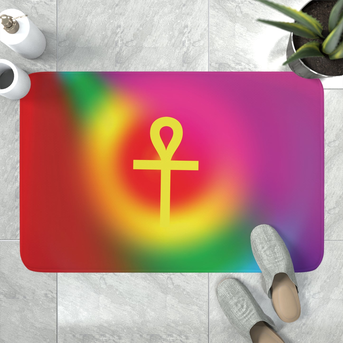 Gold Ankh in Rainbow Memory Foam Bath Mat