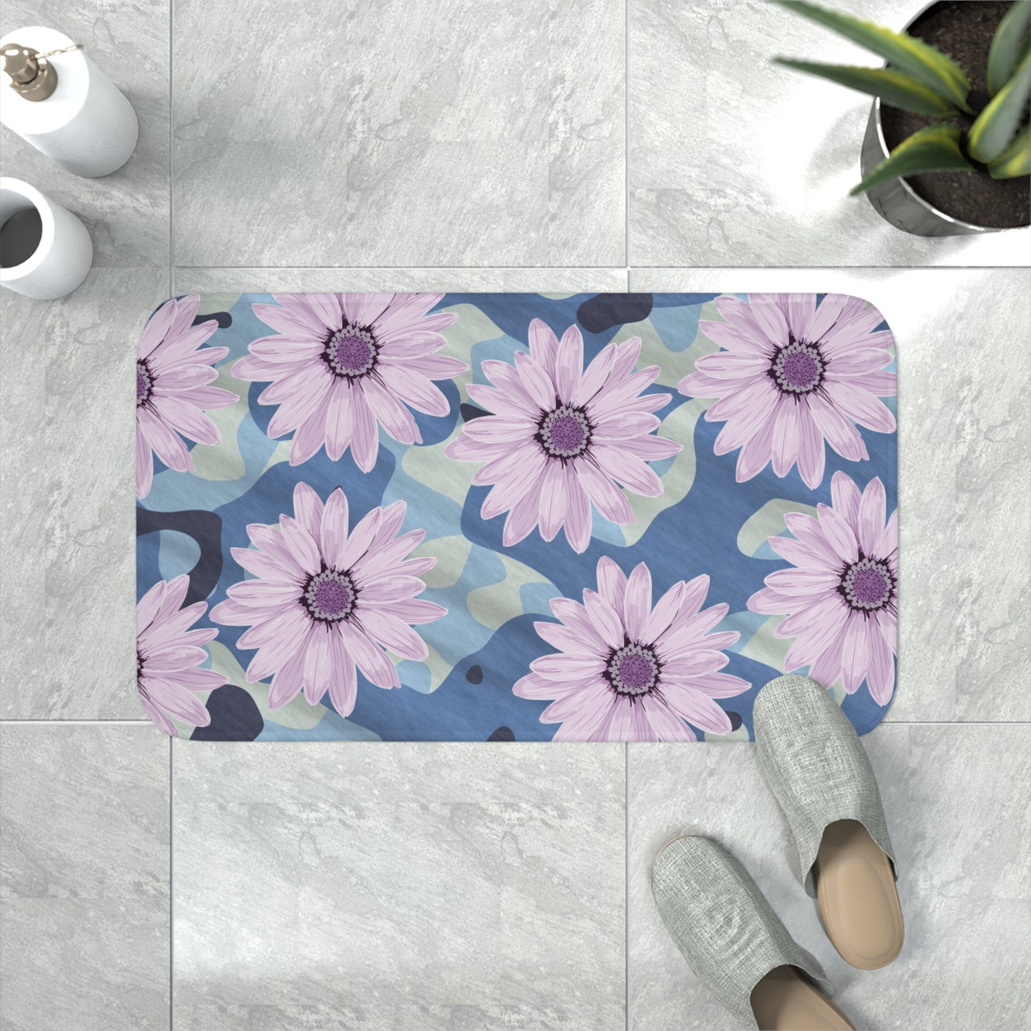 BLUE CAMO W Purple Flowers Memory Foam Bath Mat