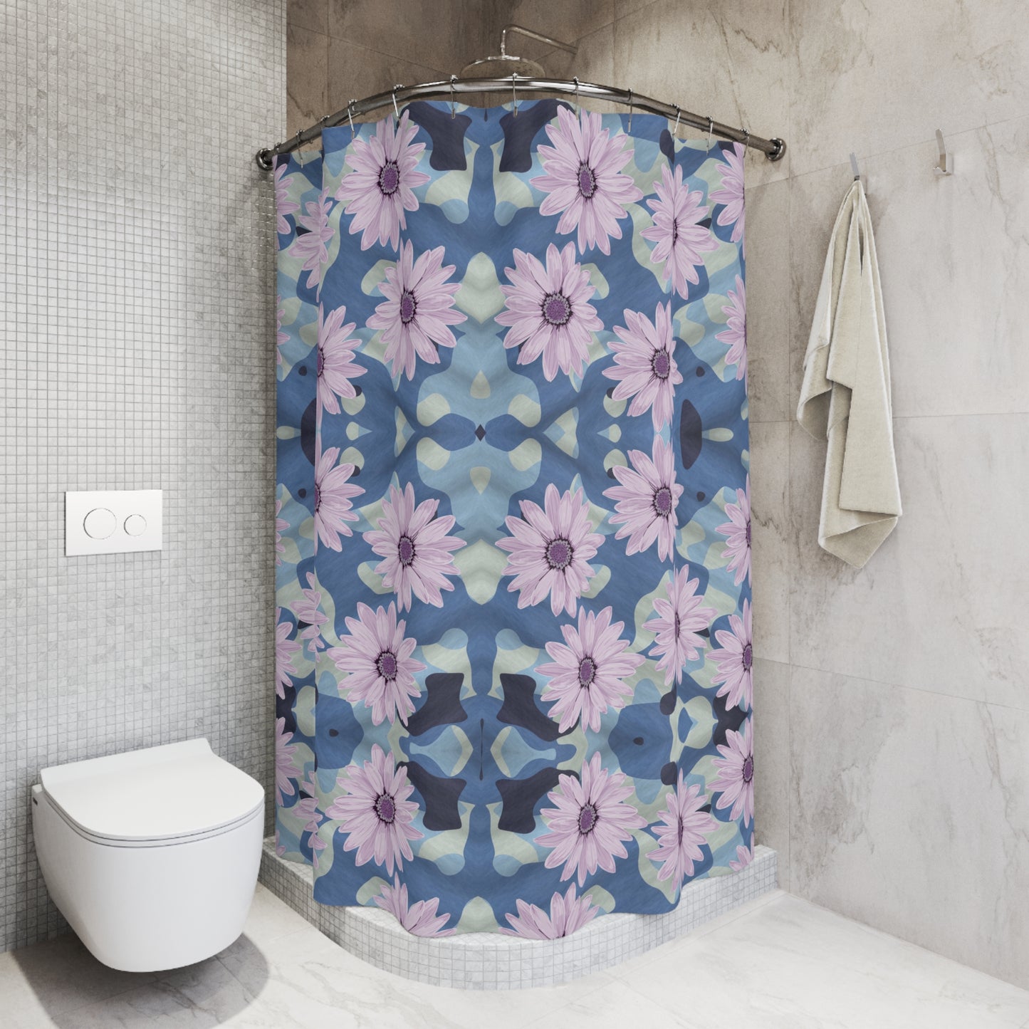 BLUE CAMO W Purple Flowers Polyester Shower Curtain