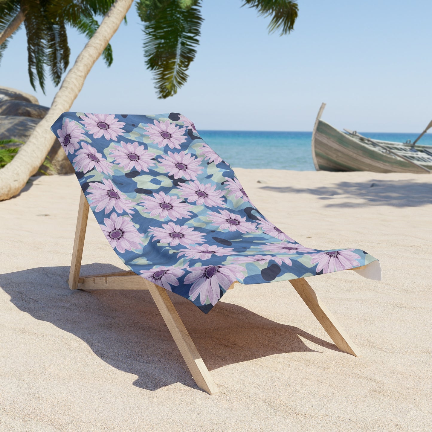 BLUE CAMO W Purple Flowers  Beach Towel