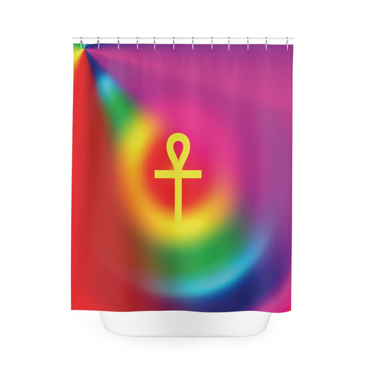 Gold Ankh in Rainbow Polyester Shower Curtain