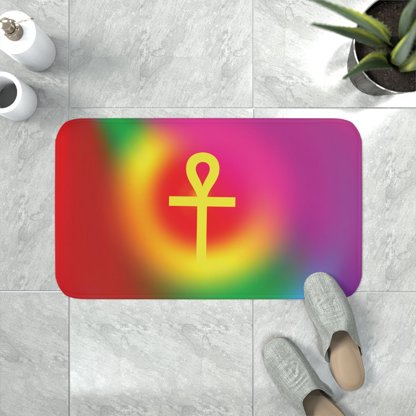 Gold Ankh in Rainbow Memory Foam Bath Mat