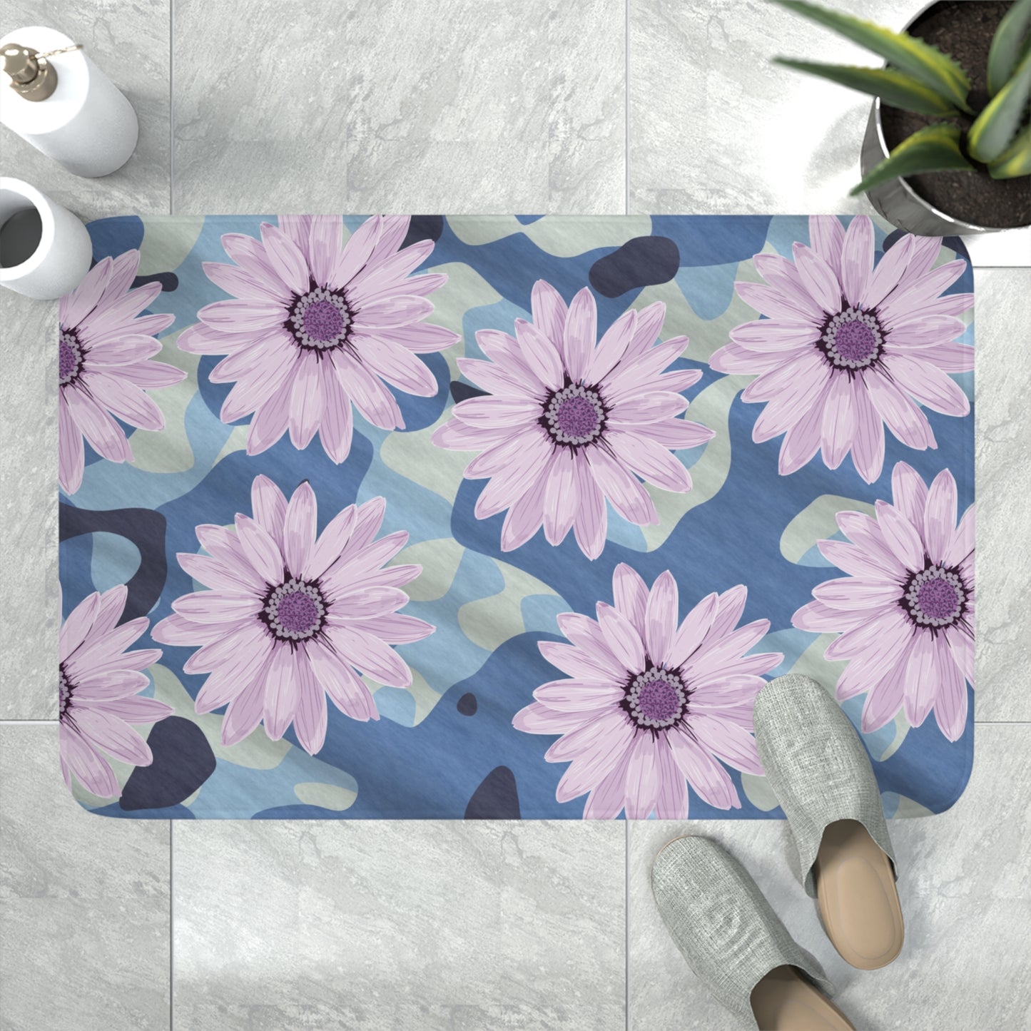 BLUE CAMO W Purple Flowers Memory Foam Bath Mat