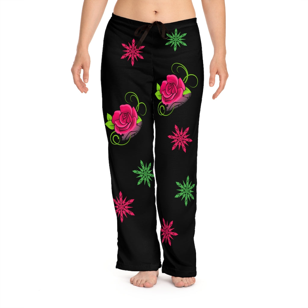 Pink Flowers on Black Women's Pajama Pants