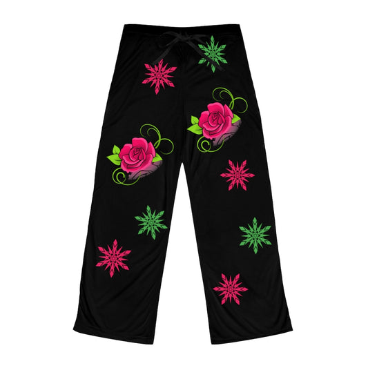 Pink Flowers on Black Women's Pajama Pants