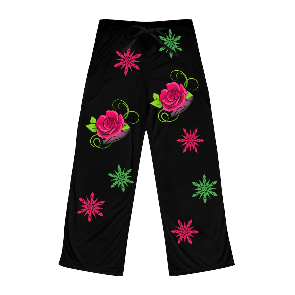 Pink Flowers on Black Women's Pajama Pants