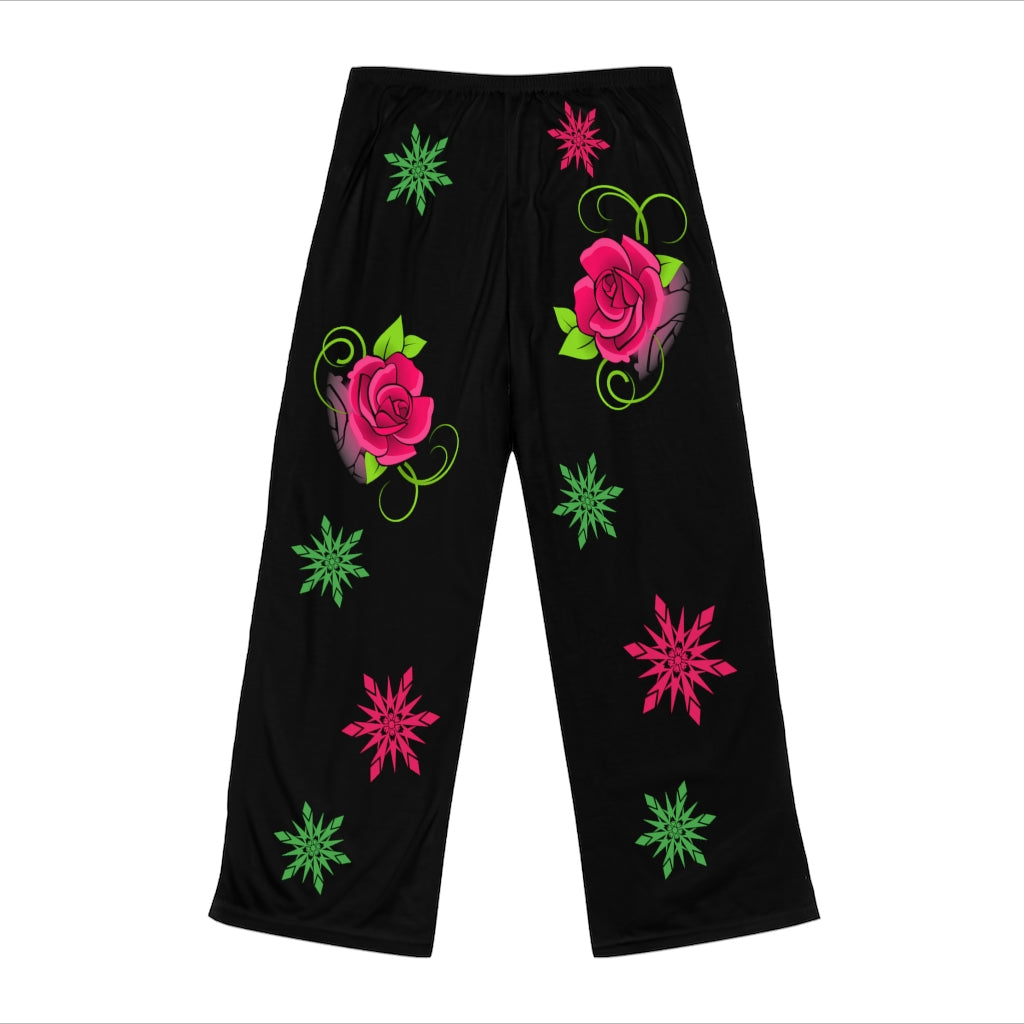 Pink Flowers on Black Women's Pajama Pants