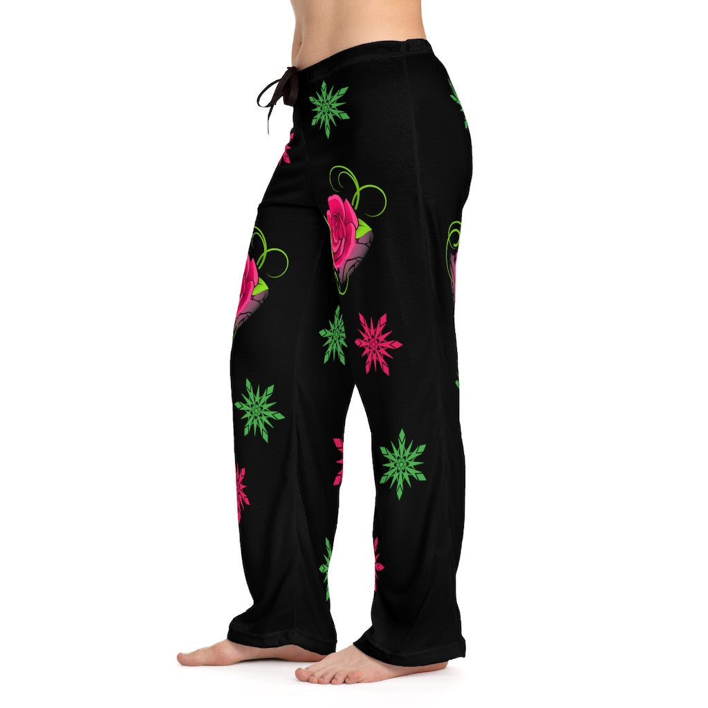 Pink Flowers on Black Women's Pajama Pants