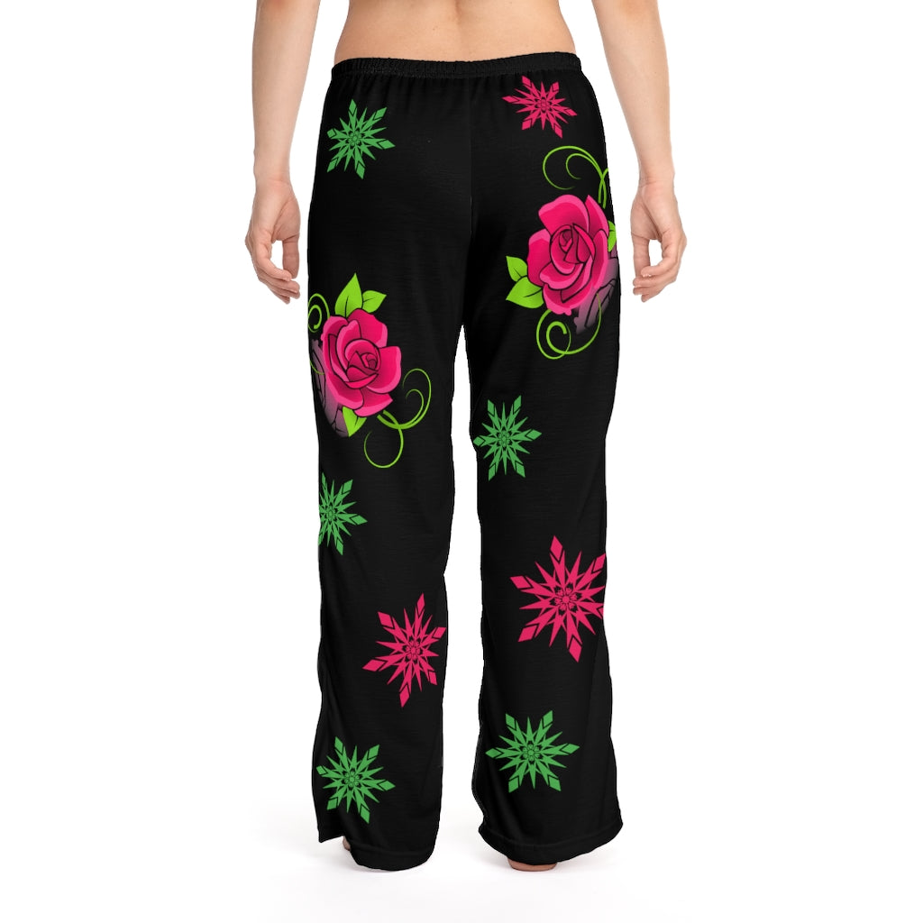 Pink Flowers on Black Women's Pajama Pants